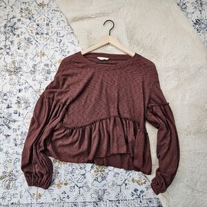 Altar’d State Ribbed Long Sleeve Peplum Babydoll Blouse Medium